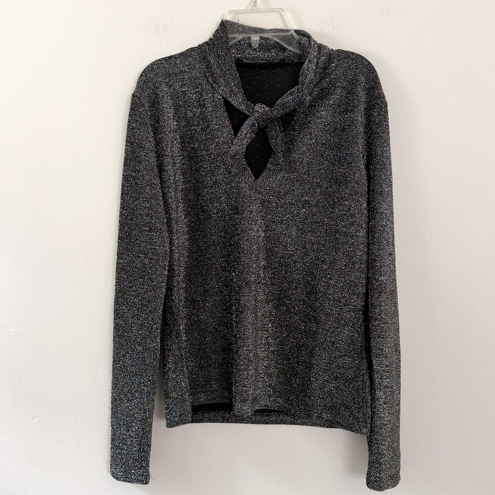 walter baker // silver shimmer black long sleeve tie neck top M